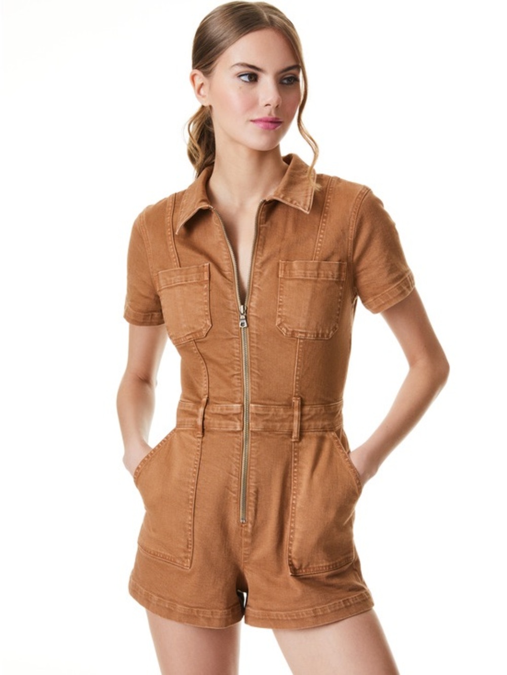 Alice & Olivia Short Sleeve Zip-Front Cotton Romper in Camel Size 25